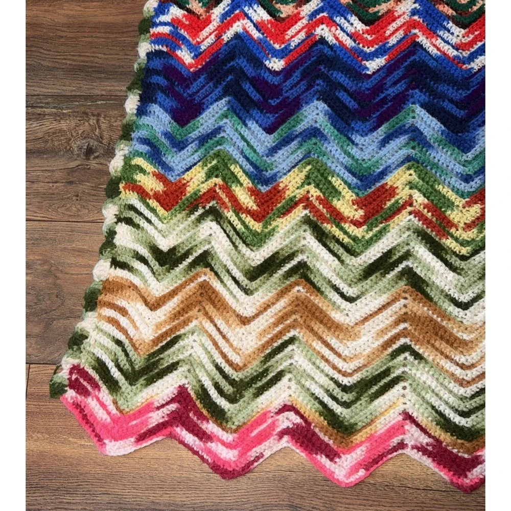 Vtg 70s Crochet Handmade Afghan Multicolor Throw Blanket Chevron Zig Zag 7ftx6ft